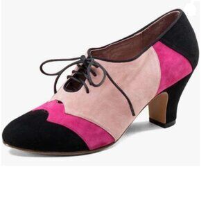 FOWT pink Patchwork Round Toe Oxford Loafers Wingtip Self Tie Mid Heel Pumps